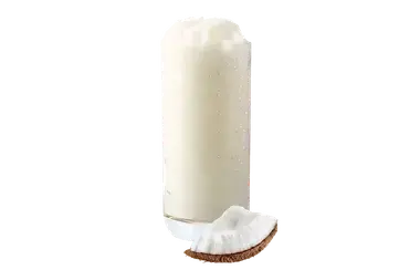 A glass of Coconut Dream Freeze drink with a slice of coconut in front on a transparent background.