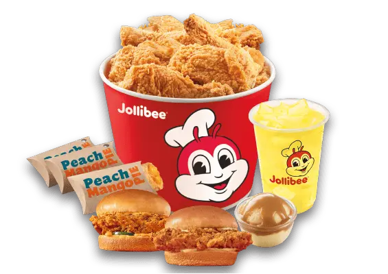 Jollibee Chickenjoy bucket with Peach Mango Pie, Original and Spicy Chicken Sandwiches, and Pineapple Quencher
