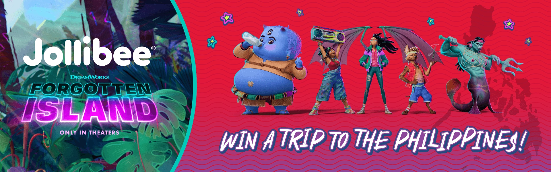 Graphic of Jollibee and Dream Works Forgotten Island movie with 'WIN A TRIP TO THE PHILIPPINES' text on a red background.
