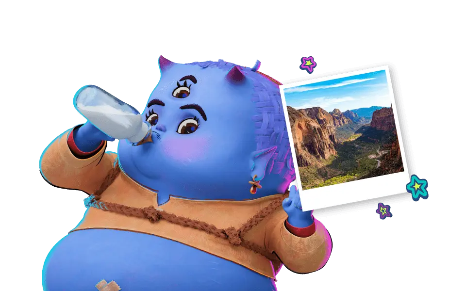 Graphic of Forgotten Island character Bungi with a photo of a scenic national park on a transparent background.
