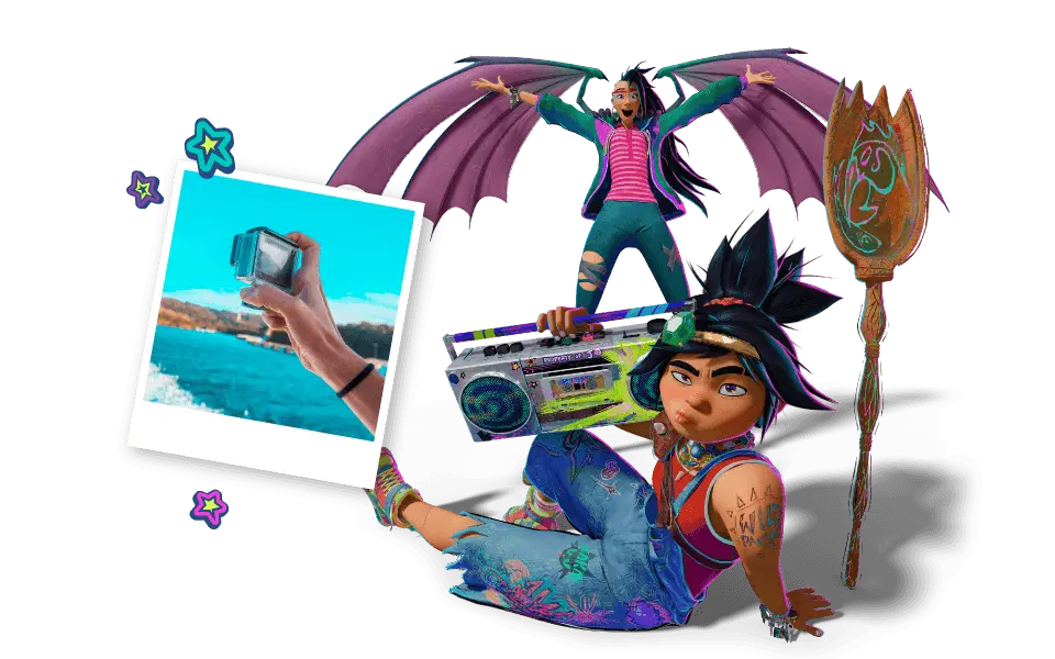 Graphic of Forgotten Island characters Jo and Raissa with a boombox and photo of a camera on a transparent background.