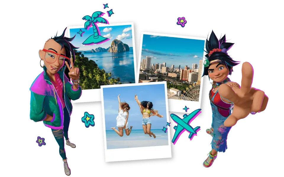 Graphic of Forgotten Island main characters with photos of nice places on a transparent background.