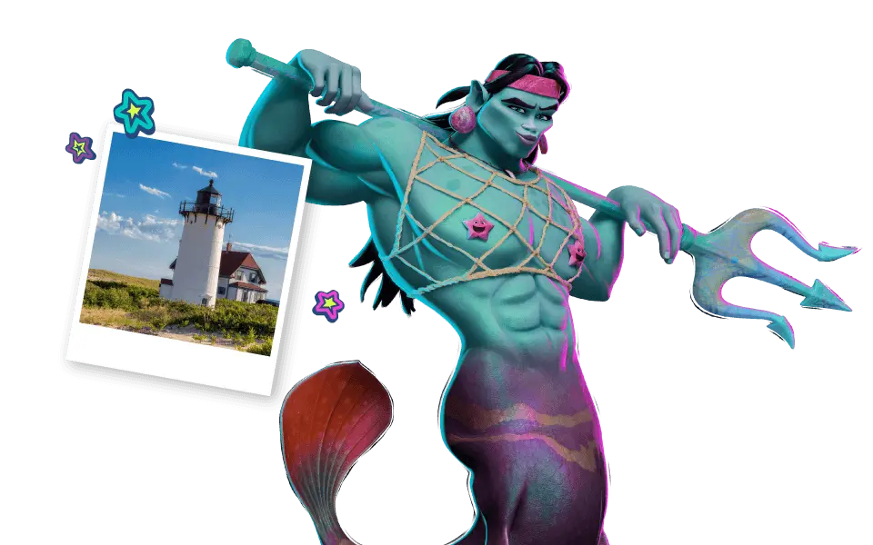Graphic of Forgotten Island character Mermahn with a photo of a scenic view on a transparent background.