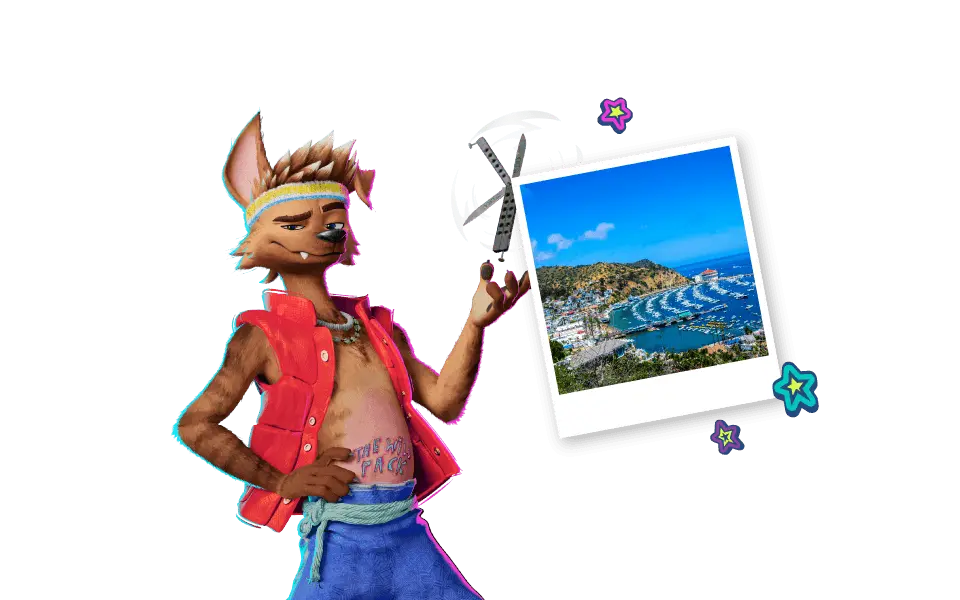 Graphic of the Forgotten Island character Raww with a photo of a beach on a transparent background.