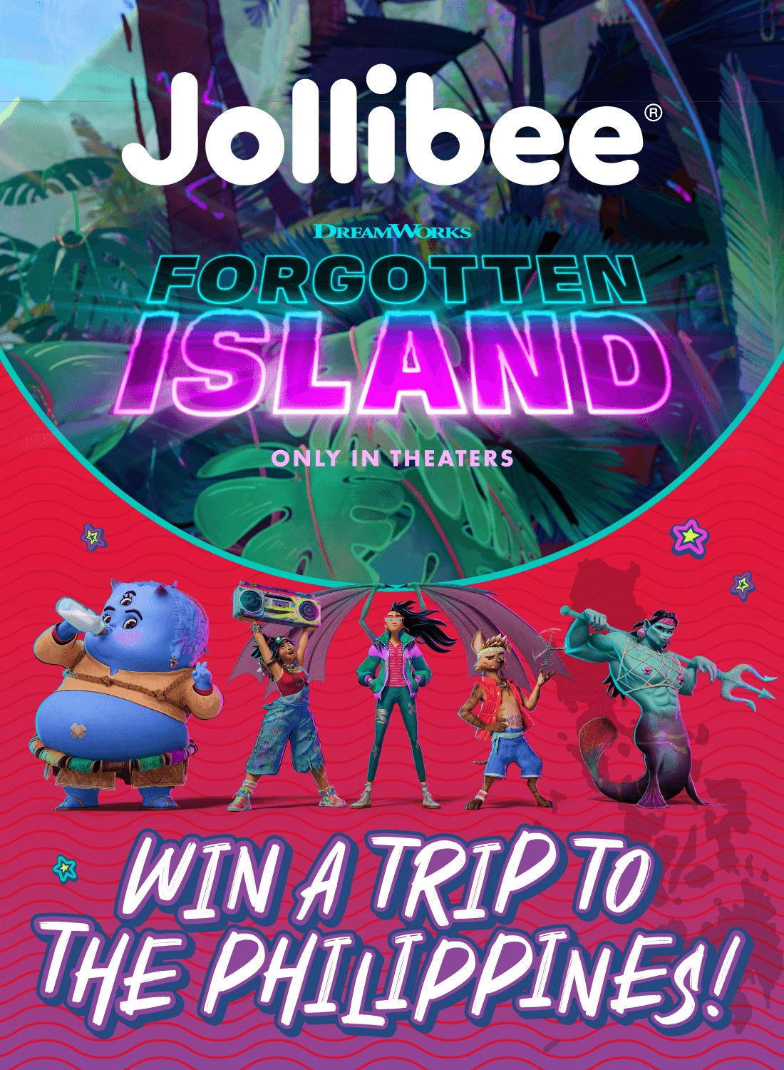 Graphic of Jollibee and Dream Works Forgotten Island movie with 'WIN A TRIP TO THE PHILIPPINES' text on a red background.