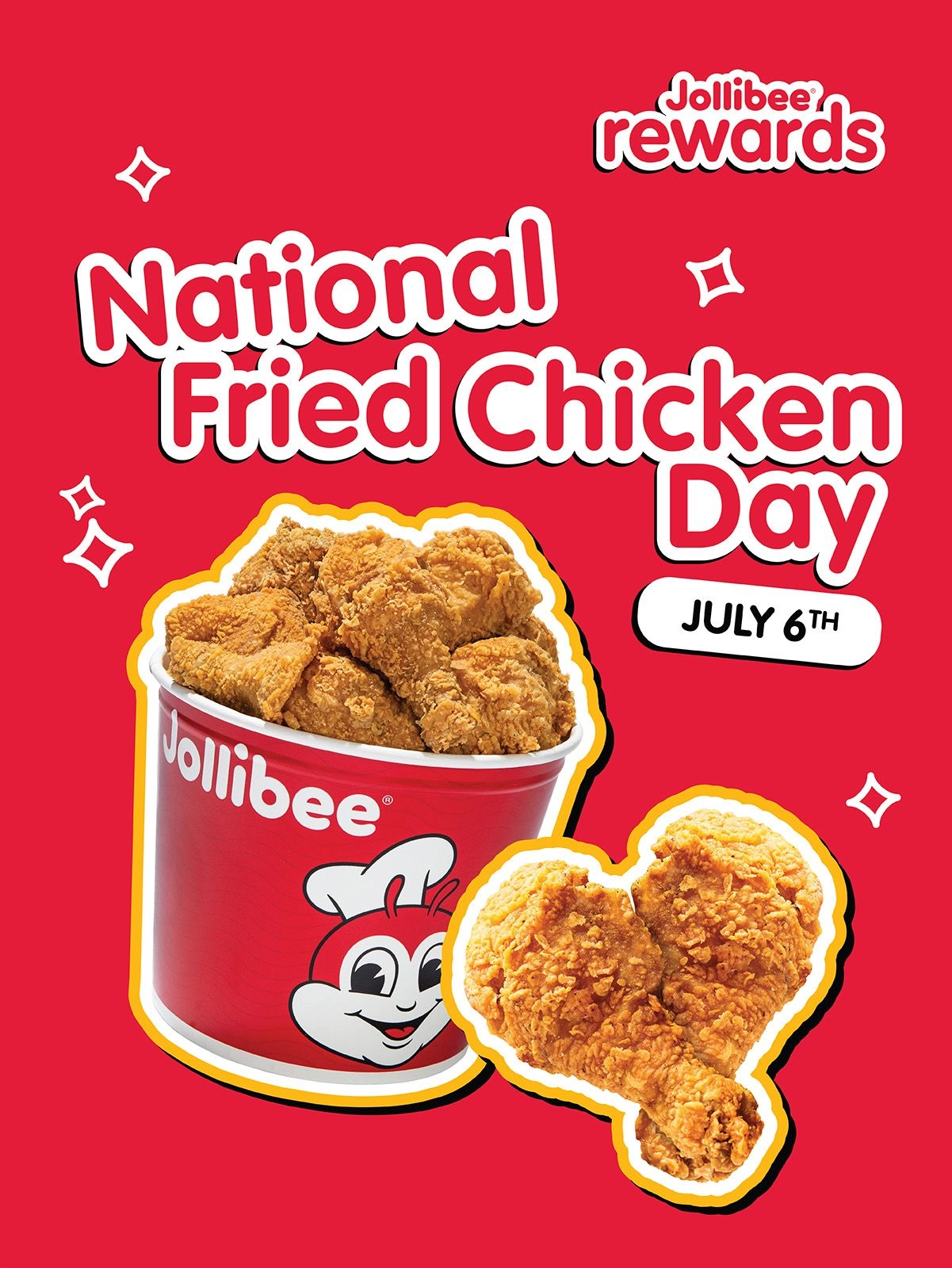 A bucket of fried chicken graphic with a 'National Fried Chicken Day' and 'July 6th' texts on a red background.