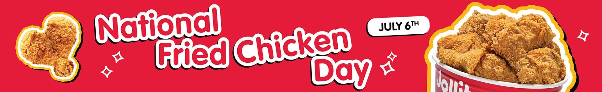A bucket of fried chicken graphic with a 'National Fried Chicken Day' and 'July 6th' texts on a red background.