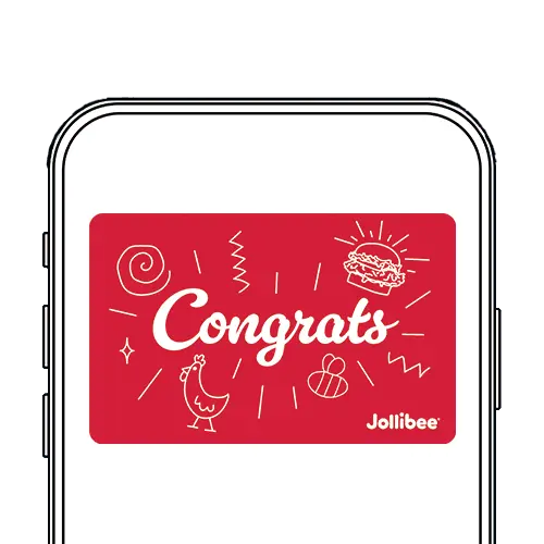 Jollibee digital gift card with a Congrats text on it on a red background