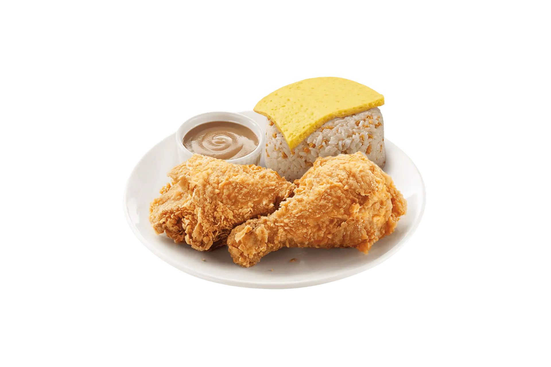 2pc Chickenjoy Breakfast Rice Plate with scrambled egg and garlic rice.