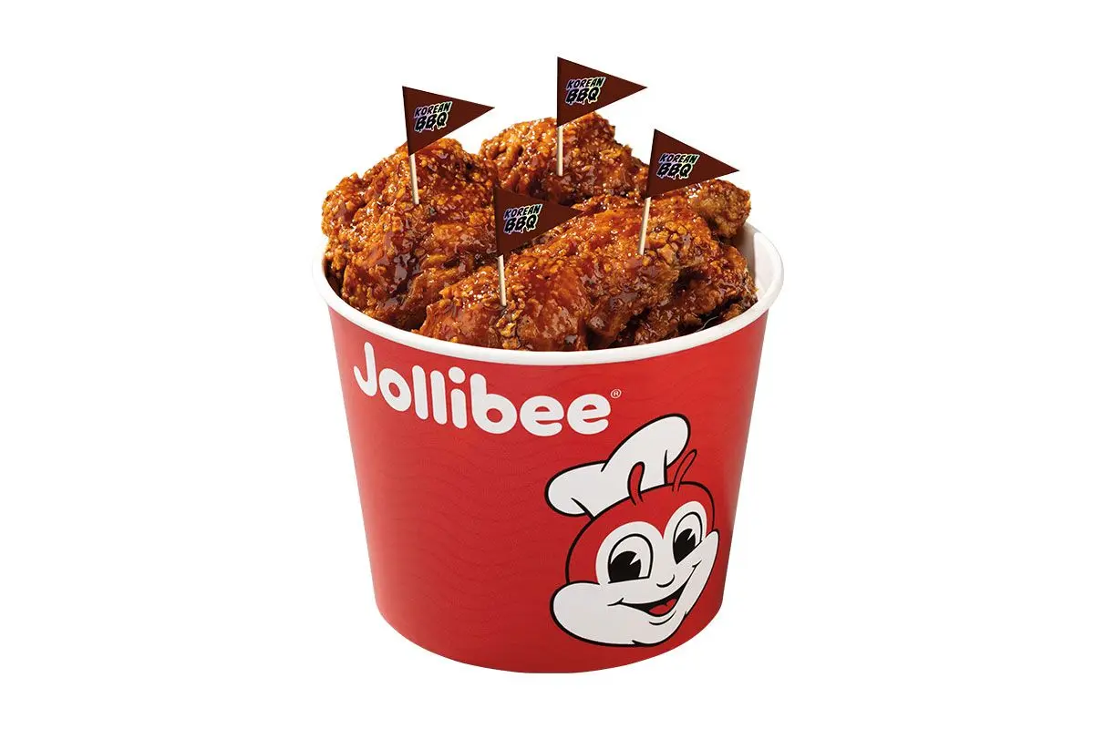 Limited time Jollibee 6-piece KBBQ fried chicken bucket on a white background