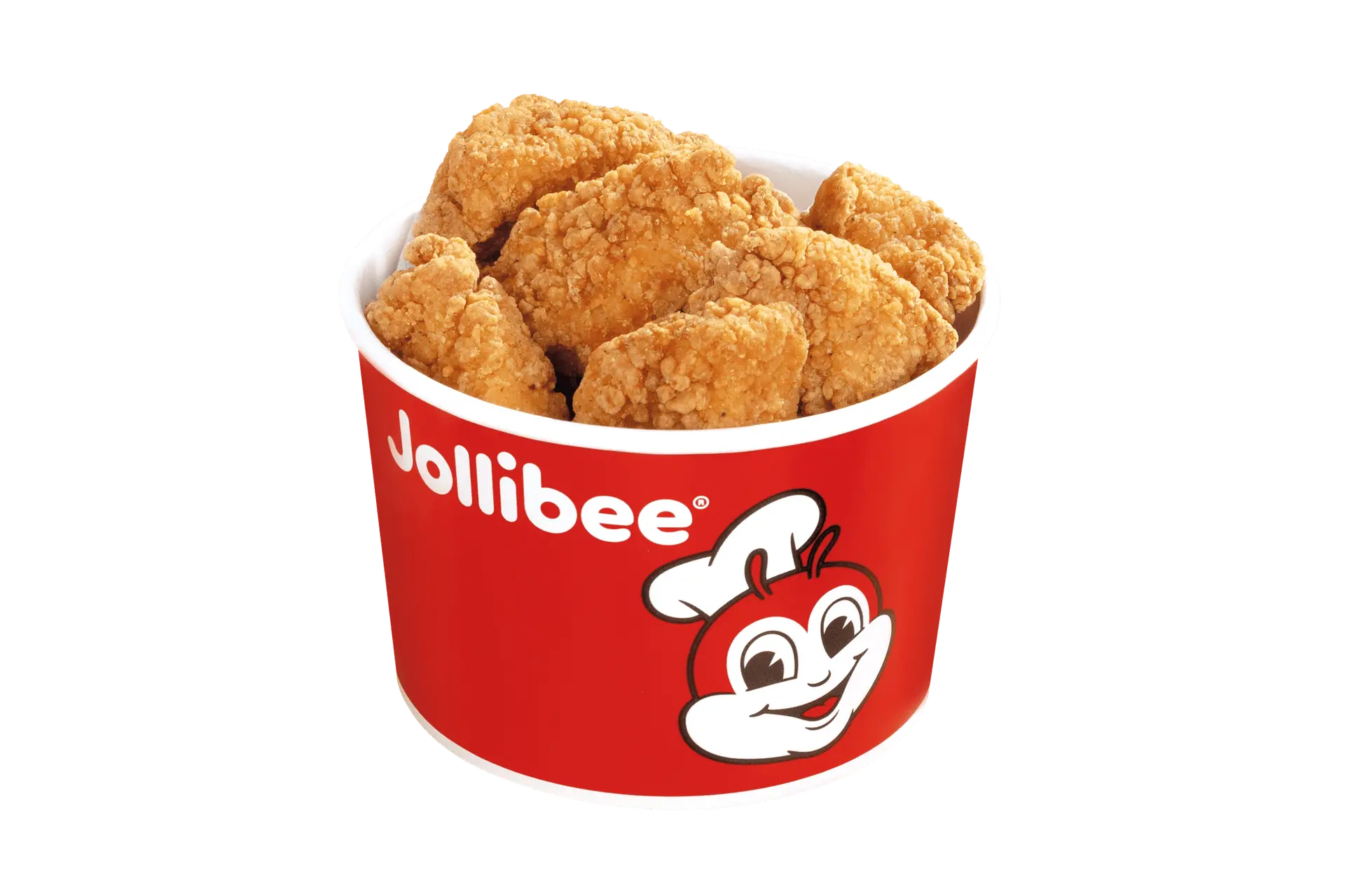 Fifteen piece chicken nuggets in a red bucket with the Jollibee logo on it on a transparent background.
