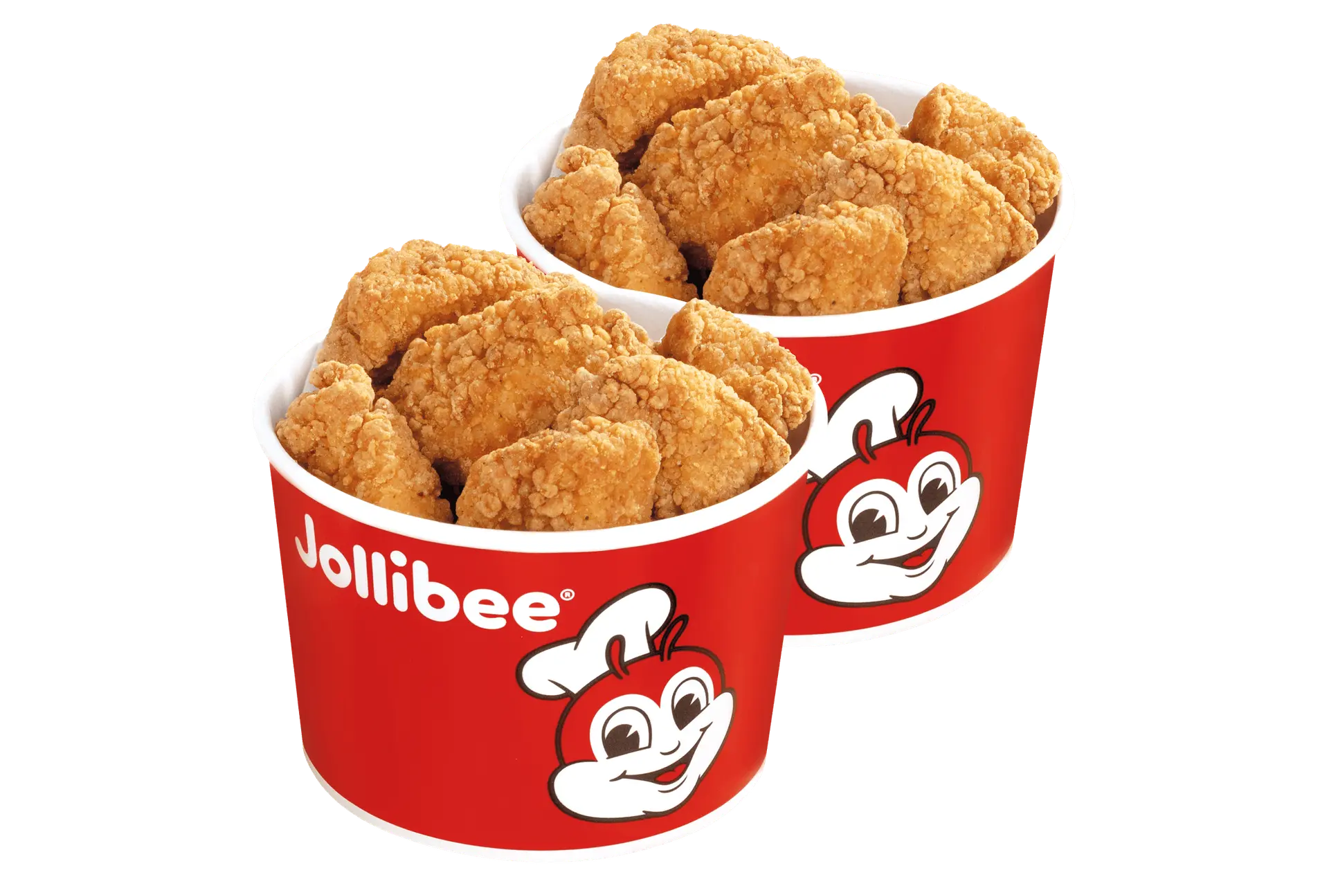 Two red buckets of chicken nuggets with the Jollibee logo on it on a transparent background.