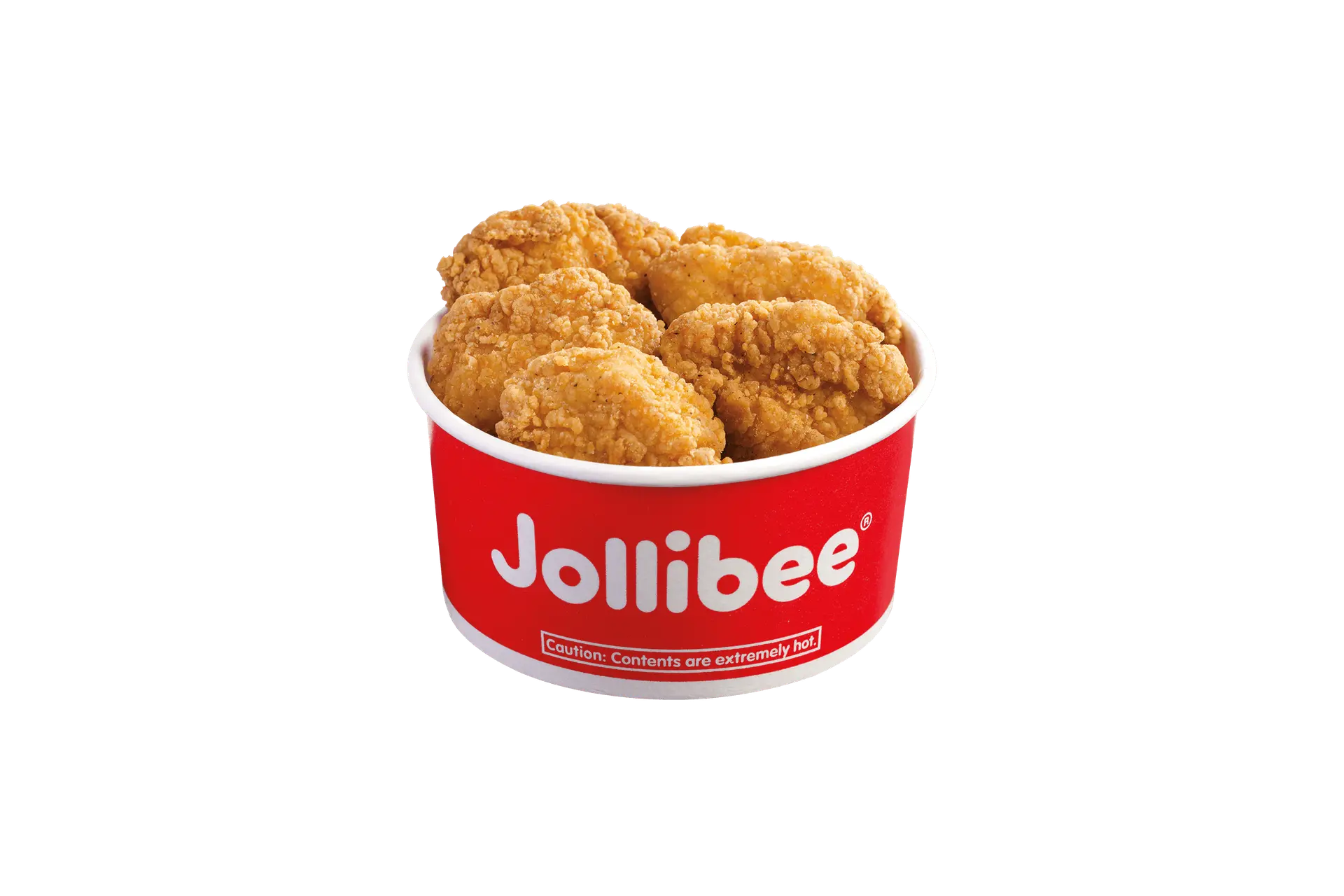 Chicken nuggets in a small red bucket with the Jollibee logo on it on a transparent background.