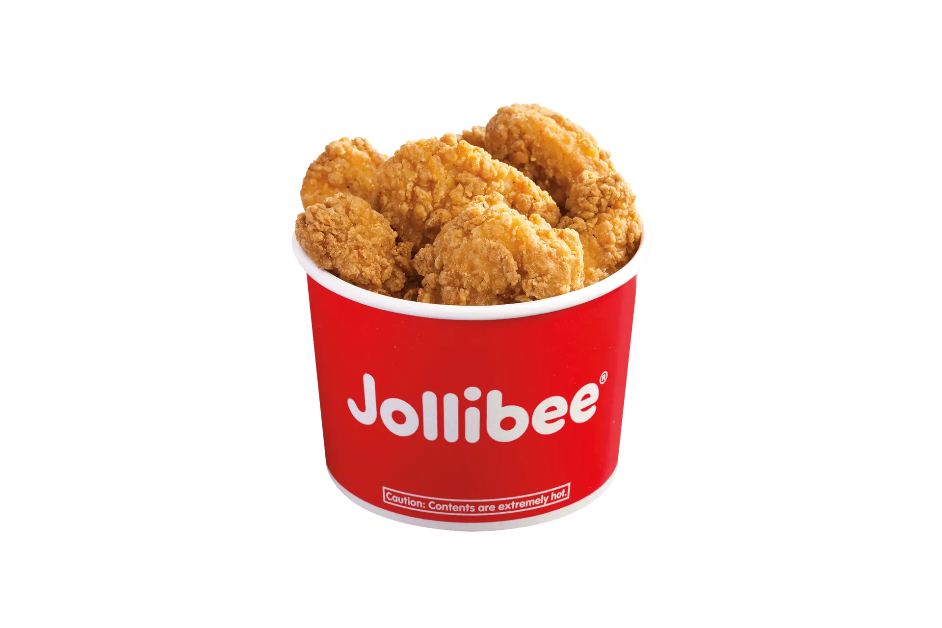Eight piece chicken nuggets in a small red bucket with the Jollibee logo on it.