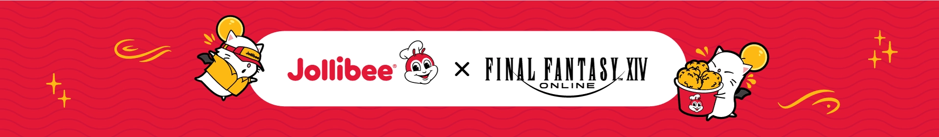 Graphic with Jollibee x FINAL FANTASY XIV collab logo and a couple of moogles on a red background.