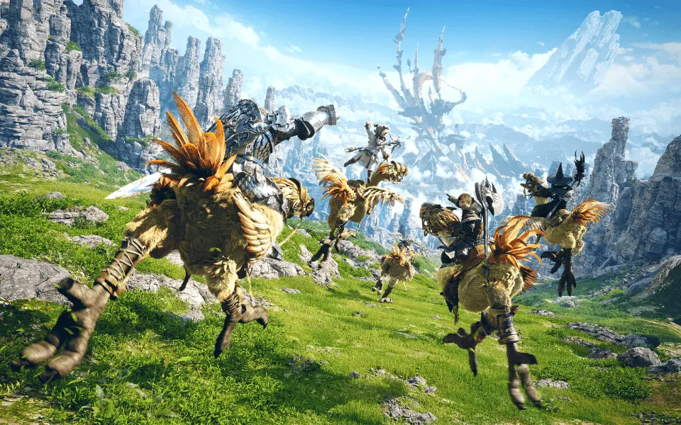 Final Fantasy game characters on a scenic background
